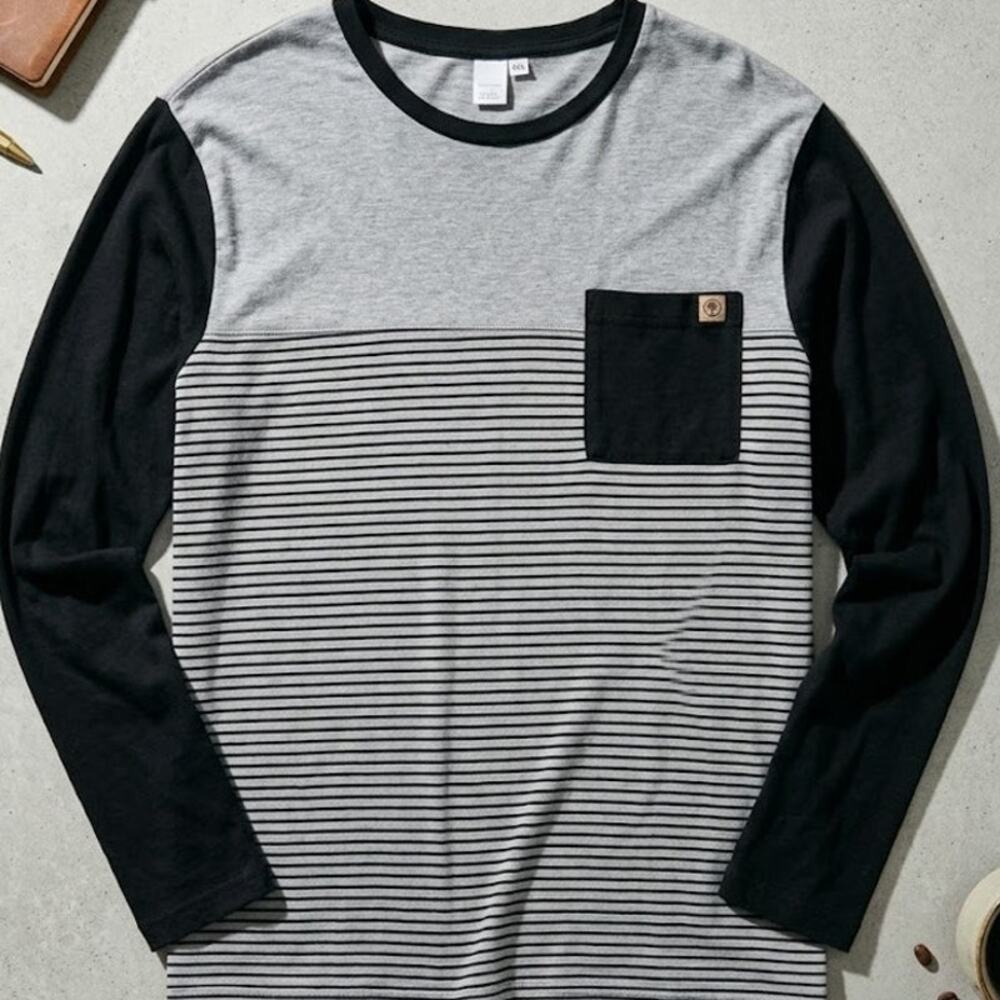 Tentree Mens Large Hemp Organic Cotton Striped Long Sleeve Pocket T-Shirt L